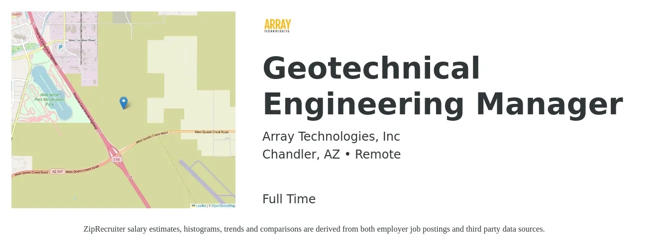 Array Technologies, Inc job posting for a Geotechnical Engineering Manager in Chandler, AZ with a salary of $78,700 to $126,800 Yearly with a map of Chandler location.