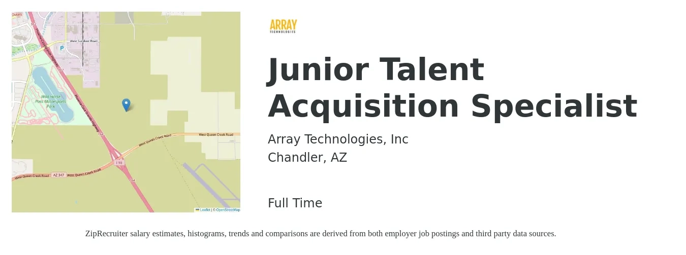 Array Technologies, Inc job posting for a Junior Talent Acquisition Specialist in Chandler, AZ with a salary of $48,600 to $68,000 Yearly with a map of Chandler location.