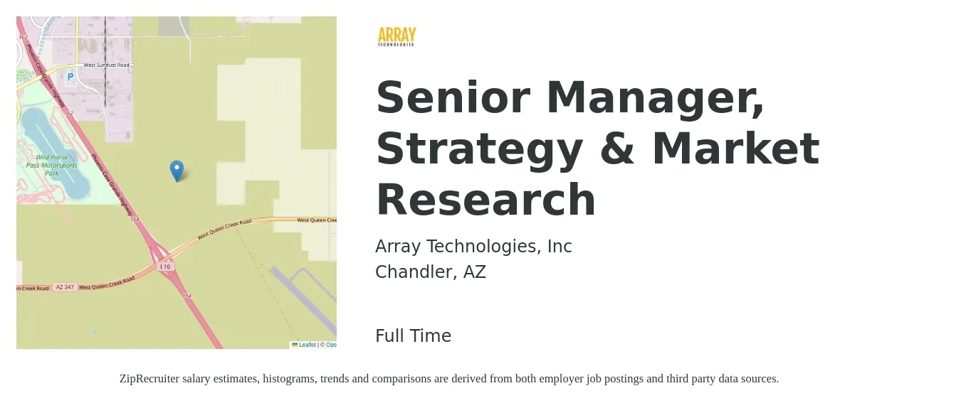 Array Technologies, Inc job posting for a Senior Manager, Strategy & Market Research in Chandler, AZ with a salary of $109,400 to $158,000 Yearly with a map of Chandler location.
