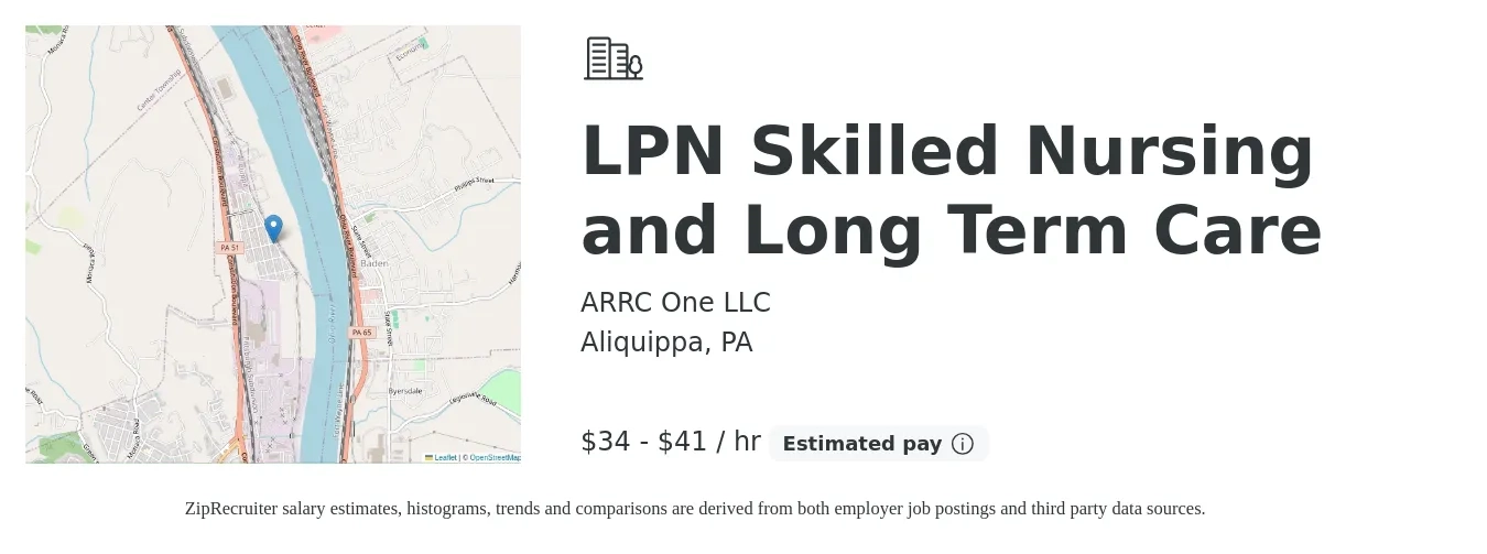 ARRC One LLC job posting for a LPN Skilled Nursing and Long Term Care in Aliquippa, PA with a salary of $36 to $48 Hourly with a map of Aliquippa location.