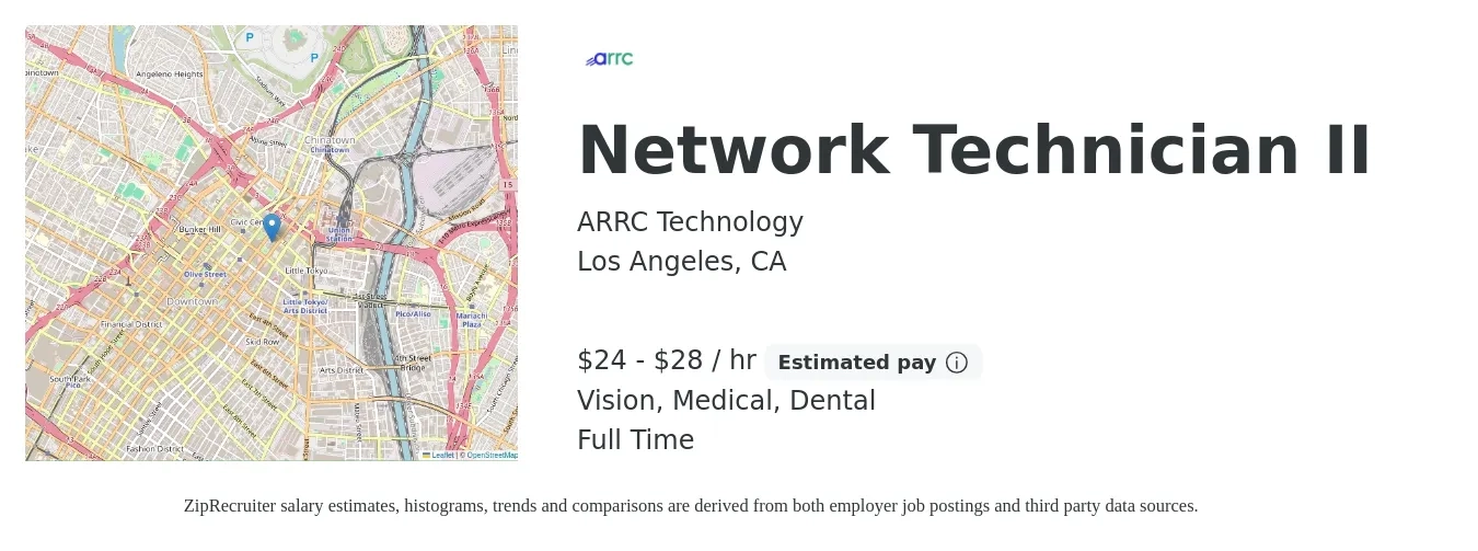 ARRC Technology job posting for a Network Technician II in Los Angeles, CA with a salary of $25 to $30 Hourly and benefits including dental, life_insurance, medical, pto, retirement, and vision with a map of Los Angeles location.