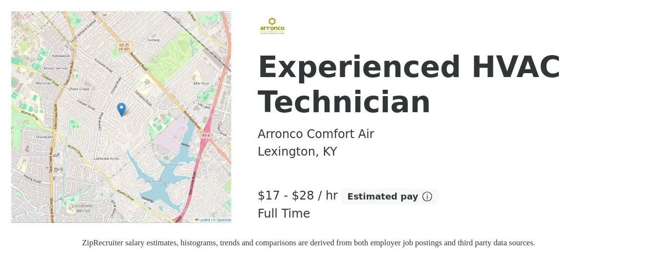 Arronco Comfort Air job posting for a Experienced HVAC Technician in Lexington, KY with a salary of $18 to $30 Hourly with a map of Lexington location.