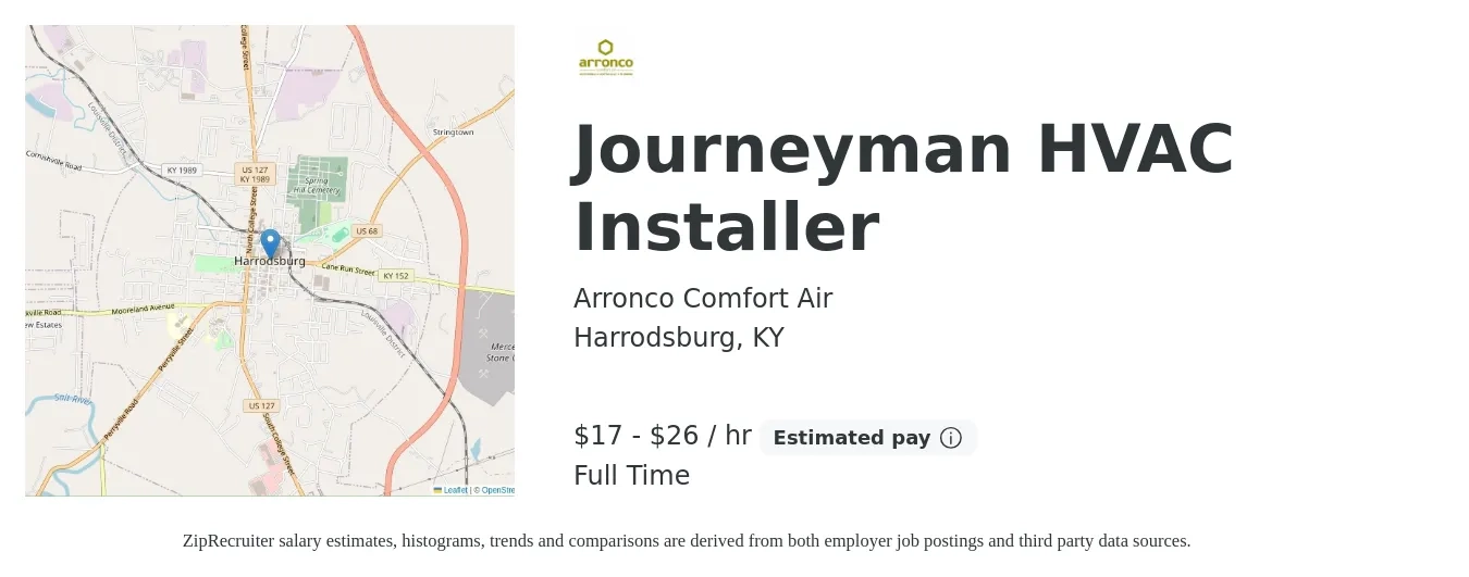 Arronco Comfort Air job posting for a Journeyman HVAC Installer in Harrodsburg, KY with a salary of $18 to $28 Hourly with a map of Harrodsburg location.