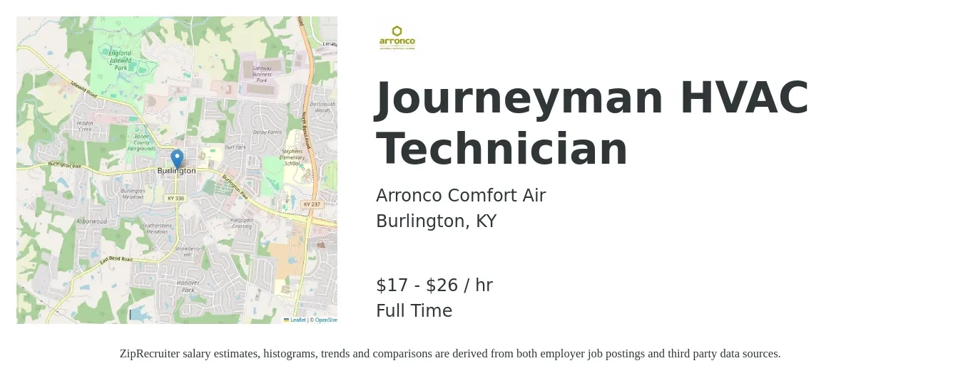 Arronco Comfort Air job posting for a Journeyman HVAC Technician in Burlington, KY with a salary of $18 to $28 Hourly with a map of Burlington location.