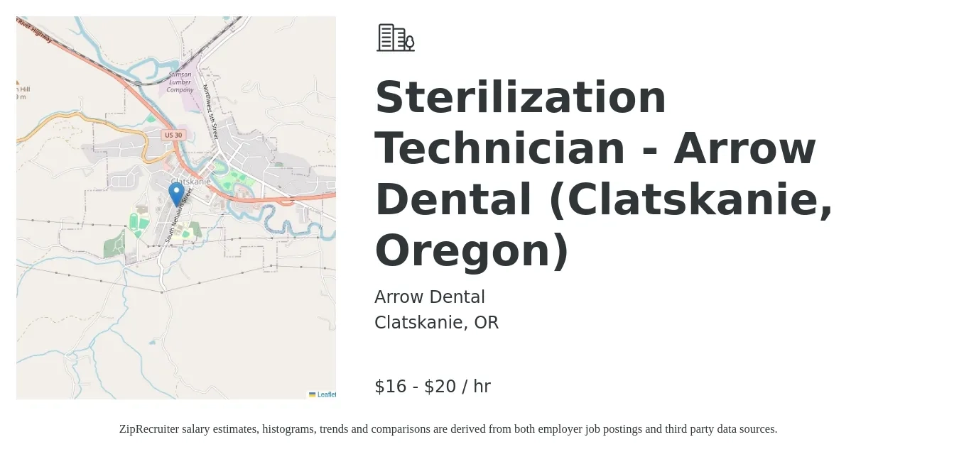 Arrow Dental job posting for a Sterilization Technician - Arrow Dental (Clatskanie, Oregon) in Clatskanie, OR with a salary of $17 to $22 Hourly with a map of Clatskanie location.