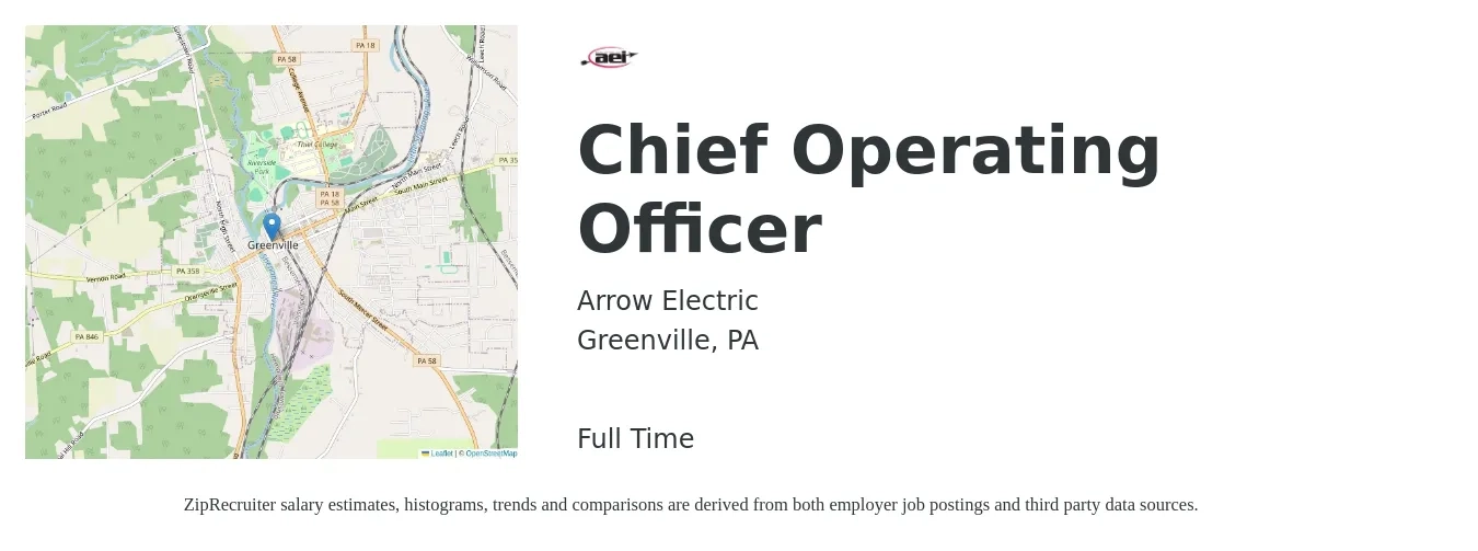 Arrow Electric job posting for a Chief Operating Officer in Greenville, PA with a salary of $96,600 to $160,200 Yearly with a map of Greenville location.