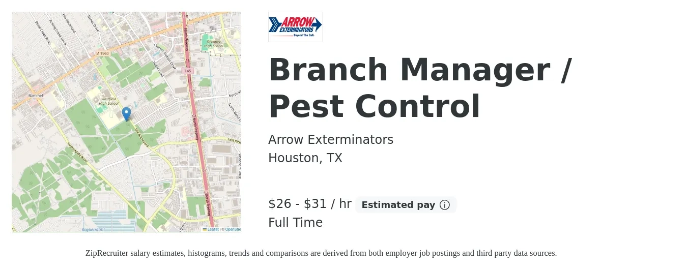 Arrow Exterminators job posting for a Branch Manager / Pest Control in Houston, TX with a salary of $58,000 to $68,000 Yearly with a map of Houston location.