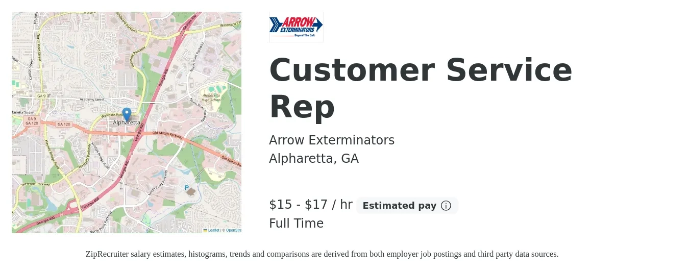 Arrow Exterminators job posting for a Customer Service Rep in Alpharetta, GA with a salary of $16 to $18 Hourly with a map of Alpharetta location.