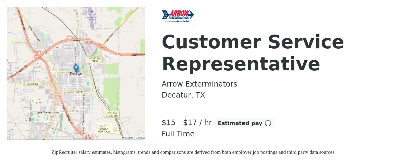 Arrow Exterminators job posting for a Customer Service Representative in Decatur, TX with a salary of $16 to $18 Hourly with a map of Decatur location.