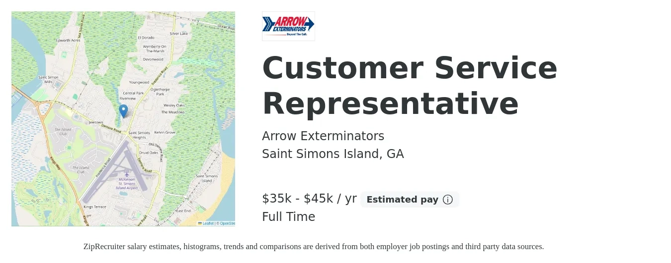 Arrow Exterminators job posting for a Customer Service Representative in Saint Simons Island, GA with a salary of $35,000 to $45,000 Yearly with a map of Saint Simons Island location.