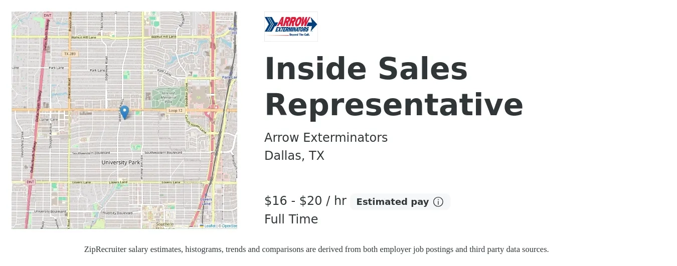 Arrow Exterminators job posting for a Inside Sales Representative in Dallas, TX with a salary of $35,000 to $45,000 Yearly with a map of Dallas location.