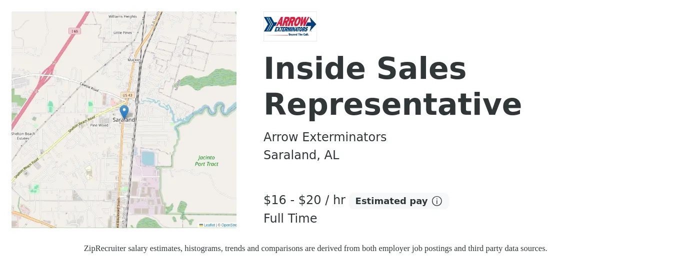 Arrow Exterminators job posting for a Inside Sales Representative in Saraland, AL with a salary of $35,000 to $45,000 Yearly with a map of Saraland location.