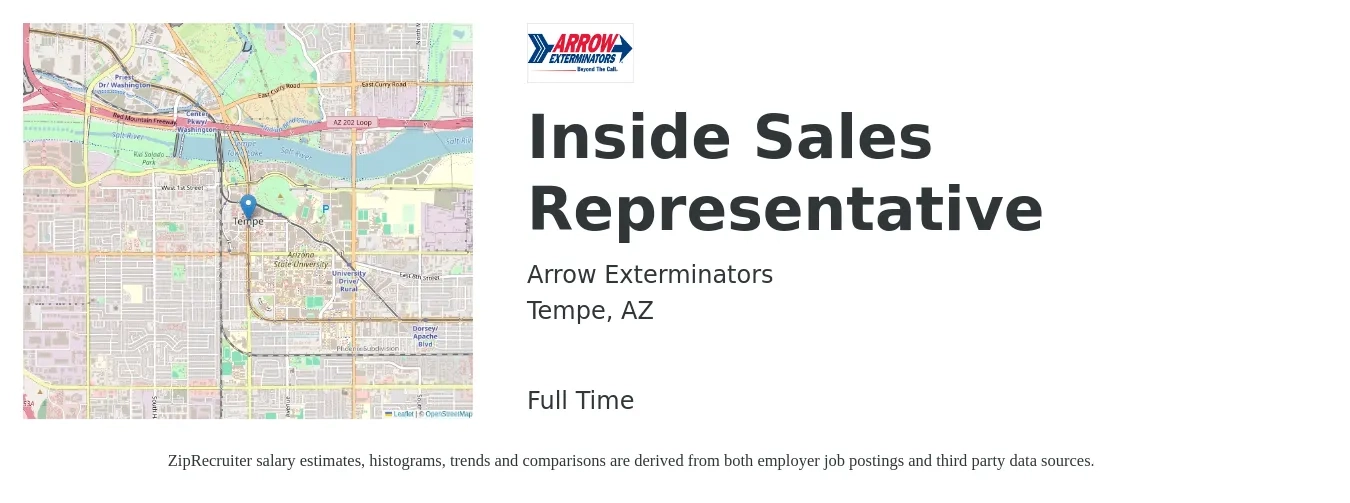 Arrow Exterminators job posting for a Inside Sales Representative in Tempe, AZ with a salary of $40,000 to $50,000 Yearly with a map of Tempe location.