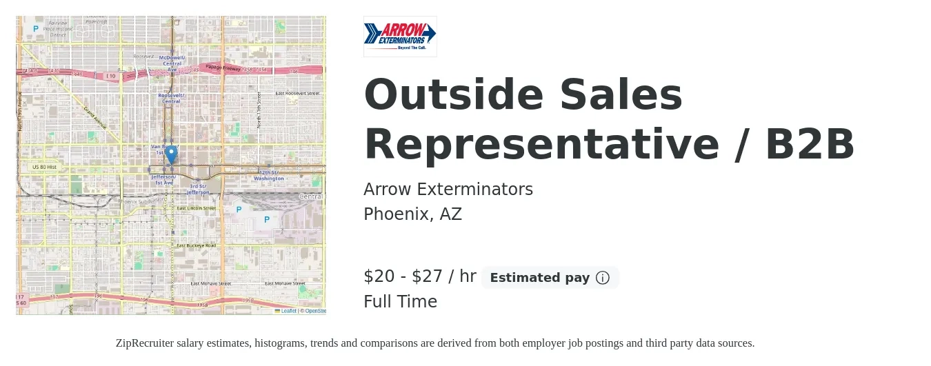 Arrow Exterminators job posting for a Outside Sales Representative / B2B in Phoenix, AZ with a salary of $22 to $29 Hourly with a map of Phoenix location.