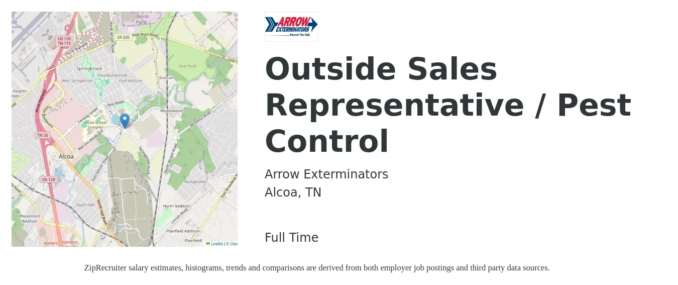 Arrow Exterminators job posting for a Outside Sales Representative / Pest Control in Alcoa, TN with a salary of $45,800 to $78,400 Yearly with a map of Alcoa location.