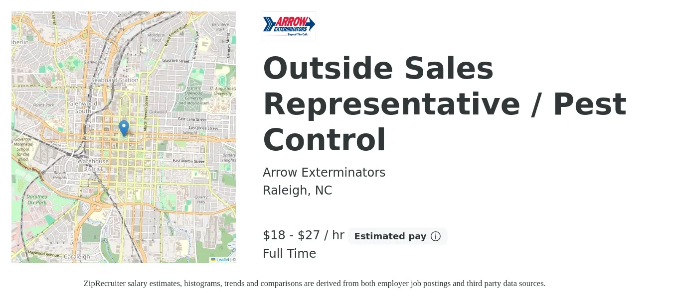 Arrow Exterminators job posting for a Outside Sales Representative / Pest Control in Raleigh, NC with a salary of $40,000 to $60,000 Yearly with a map of Raleigh location.