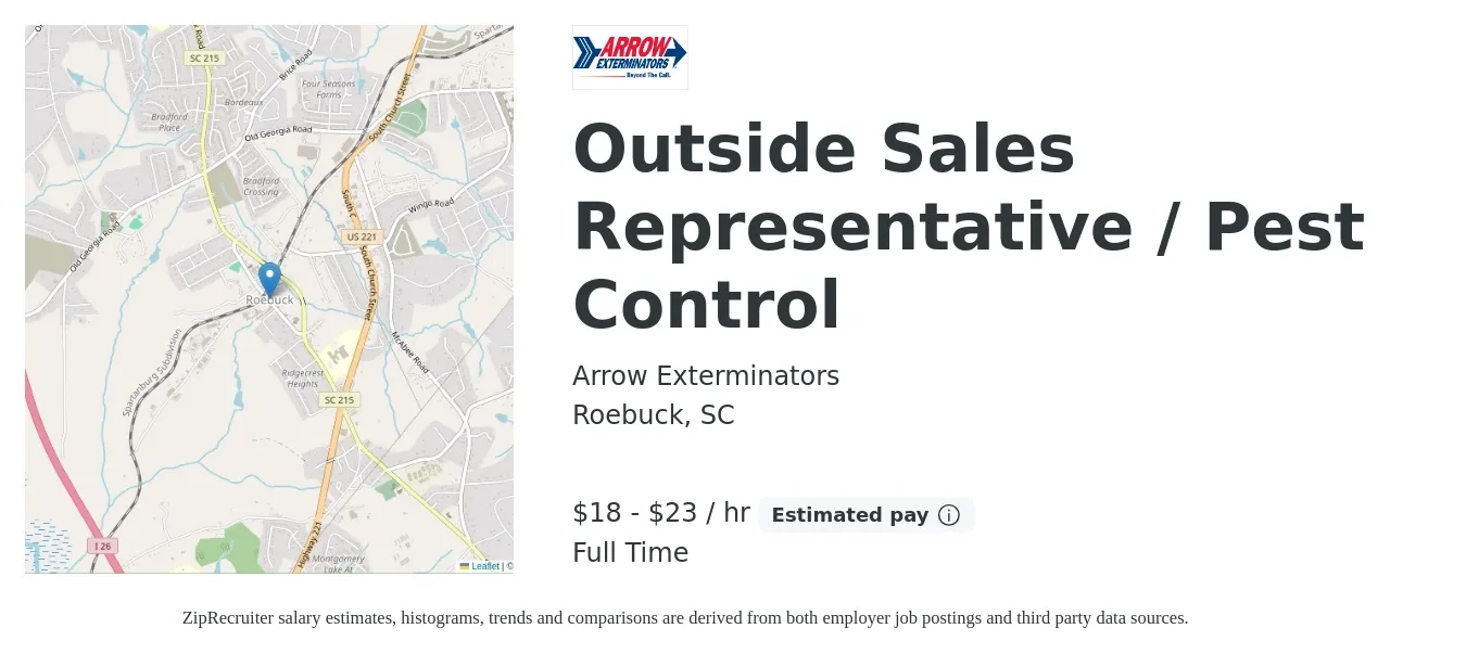 Arrow Exterminators job posting for a Outside Sales Representative / Pest Control in Roebuck, SC with a salary of $40,000 to $50,000 Yearly with a map of Roebuck location.