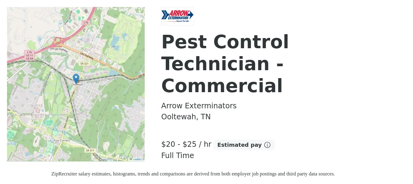 Arrow Exterminators job posting for a Pest Control Technician - Commercial in Ooltewah, TN with a salary of $45,000 to $55,000 Yearly with a map of Ooltewah location.