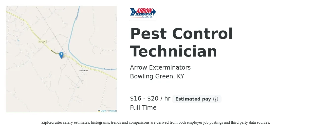 Arrow Exterminators job posting for a Pest Control Technician in Bowling Green, KY with a salary of $35,000 to $45,000 Yearly with a map of Bowling Green location.