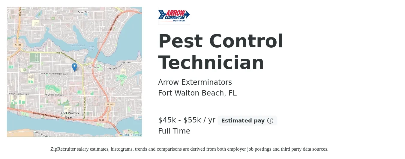 Arrow Exterminators job posting for a Pest Control Technician in Fort Walton Beach, FL with a salary of $45,000 to $55,000 Yearly with a map of Fort Walton Beach location.
