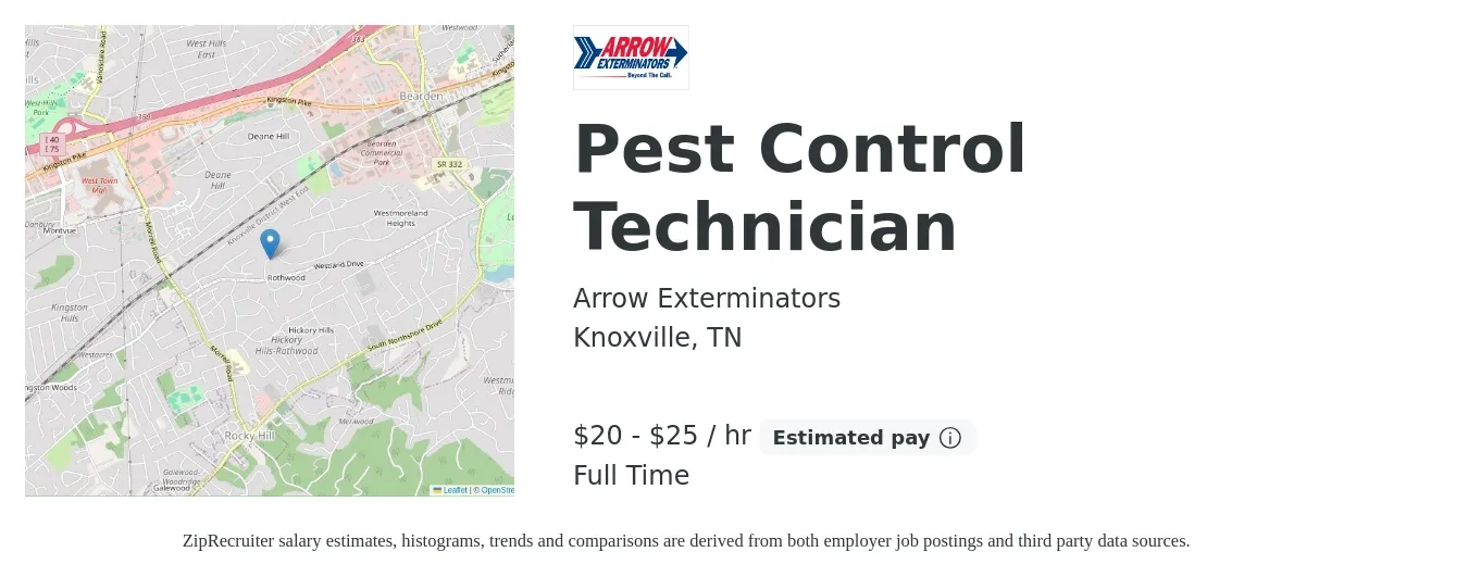 Arrow Exterminators job posting for a Pest Control Technician in Knoxville, TN with a salary of $45,000 to $55,000 Yearly with a map of Knoxville location.