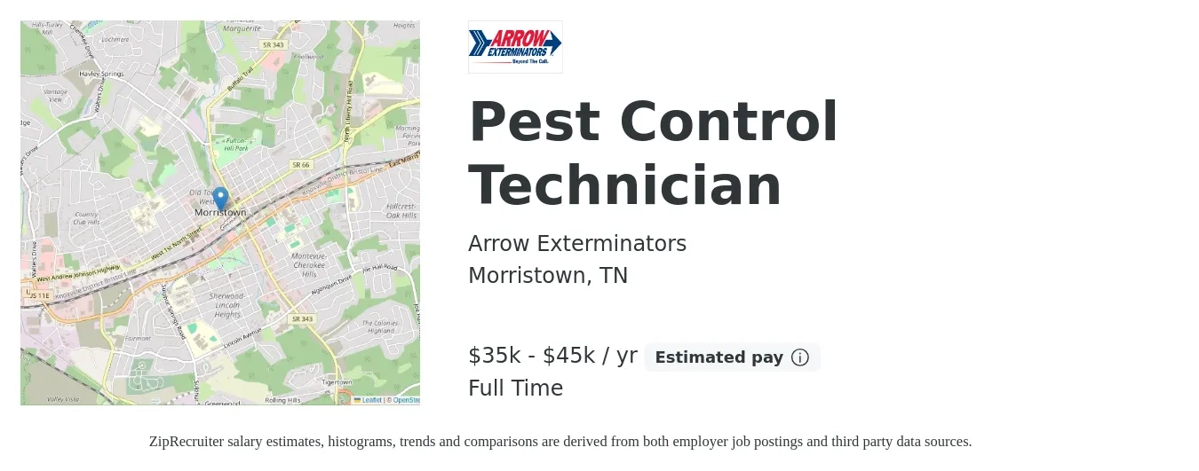Arrow Exterminators job posting for a Pest Control Technician in Morristown, TN with a salary of $35,000 to $45,000 Yearly with a map of Morristown location.
