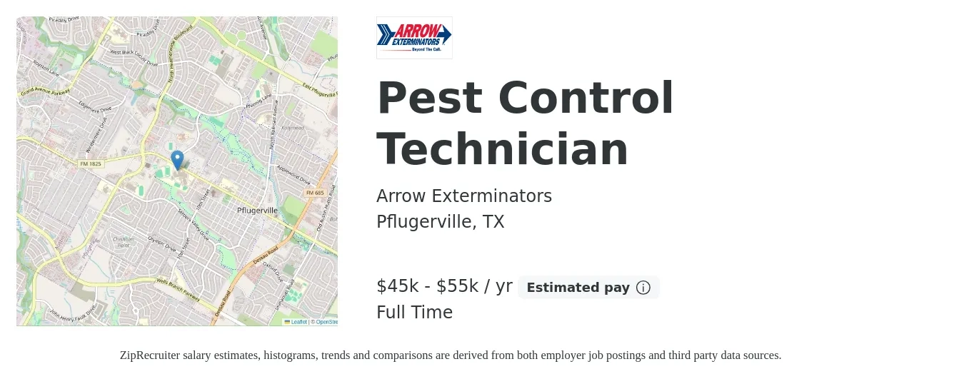 Arrow Exterminators job posting for a Pest Control Technician in Pflugerville, TX with a salary of $45,000 to $55,000 Yearly with a map of Pflugerville location.