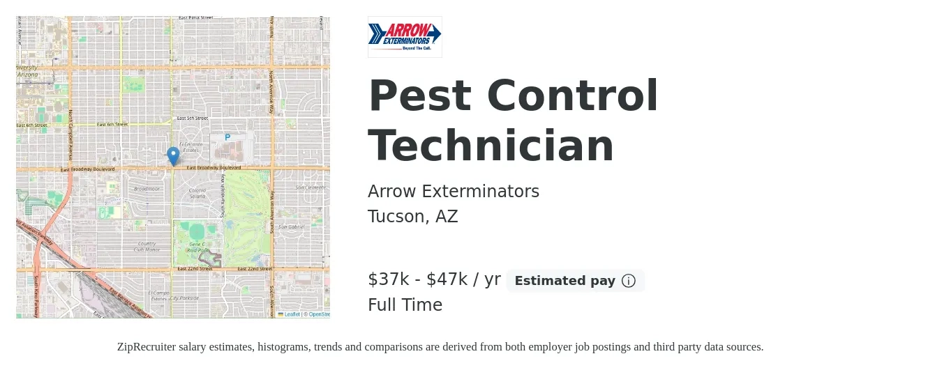 Arrow Exterminators job posting for a Pest Control Technician in Tucson, AZ with a salary of $16 to $20 Hourly with a map of Tucson location.