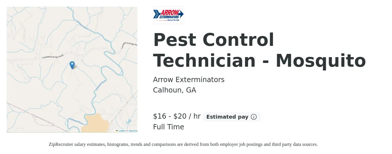 Arrow Exterminators job posting for a Pest Control Technician - Mosquito in Calhoun, GA with a salary of $35,000 to $45,000 Yearly with a map of Calhoun location.