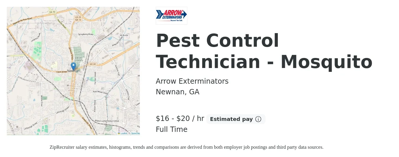 Arrow Exterminators job posting for a Pest Control Technician - Mosquito in Newnan, GA with a salary of $35,000 to $45,000 Yearly with a map of Newnan location.