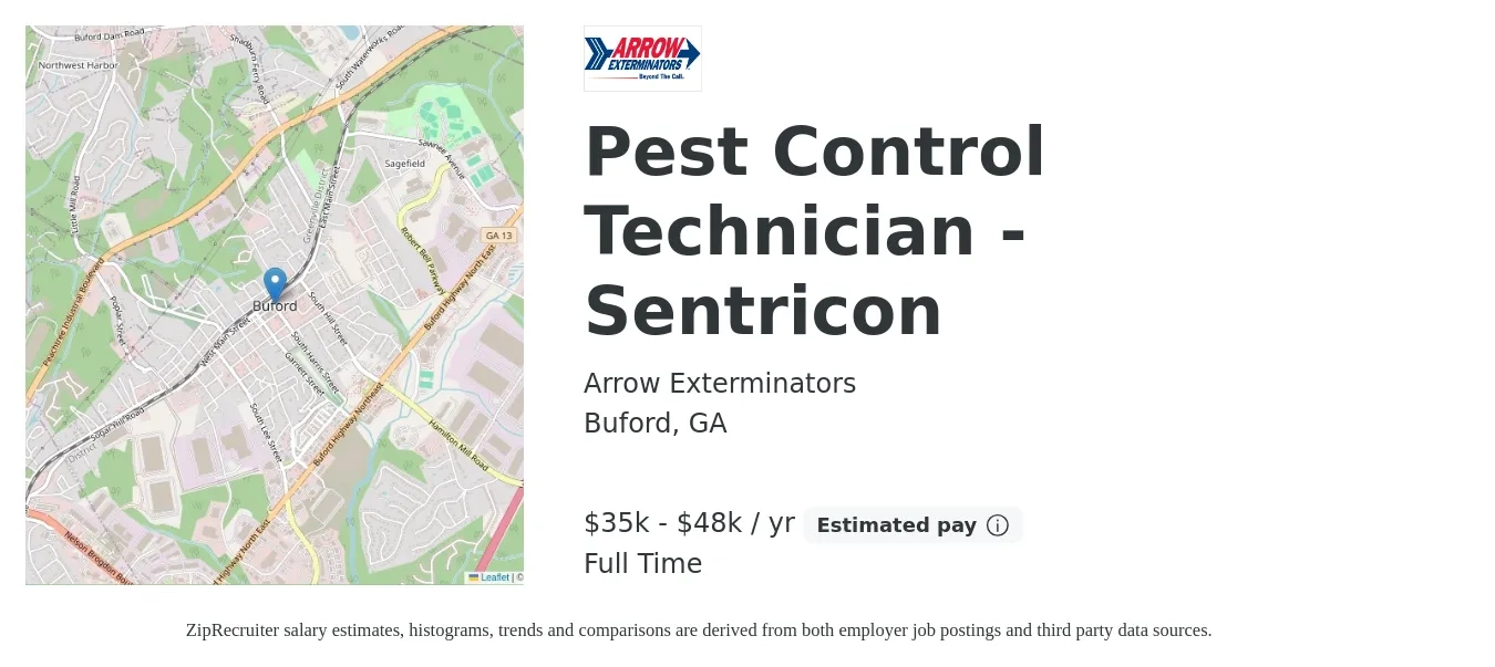 Arrow Exterminators job posting for a Pest Control Technician - Sentricon in Buford, GA with a salary of $35,000 to $48,000 Yearly with a map of Buford location.