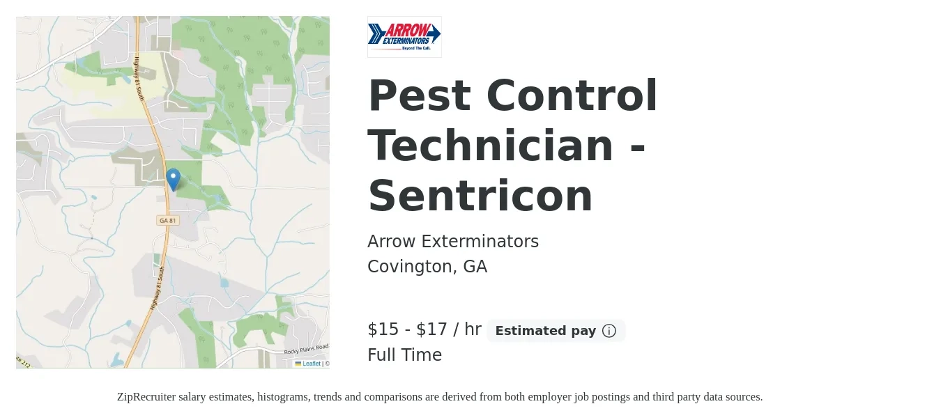 Arrow Exterminators job posting for a Pest Control Technician - Sentricon in Covington, GA with a salary of $16 to $18 Hourly with a map of Covington location.