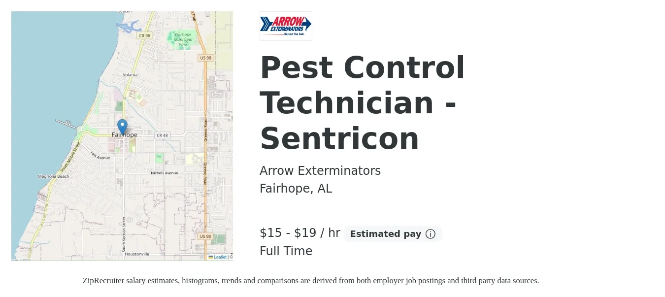 Arrow Exterminators job posting for a Pest Control Technician - Sentricon in Fairhope, AL with a salary of $33,000 to $43,000 Yearly with a map of Fairhope location.
