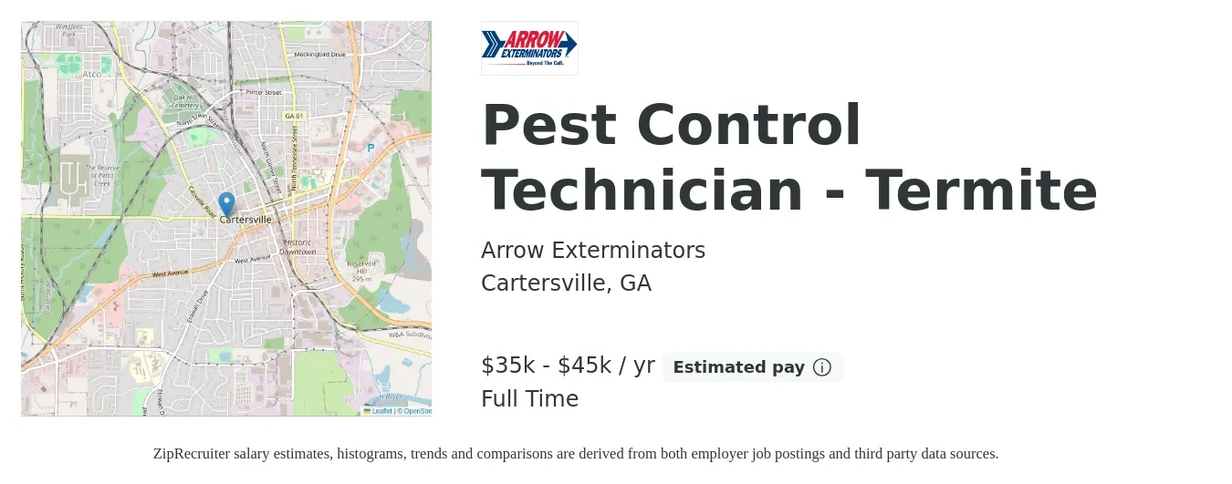 Arrow Exterminators job posting for a Pest Control Technician - Termite in Cartersville, GA with a salary of $35,000 to $45,000 Yearly with a map of Cartersville location.