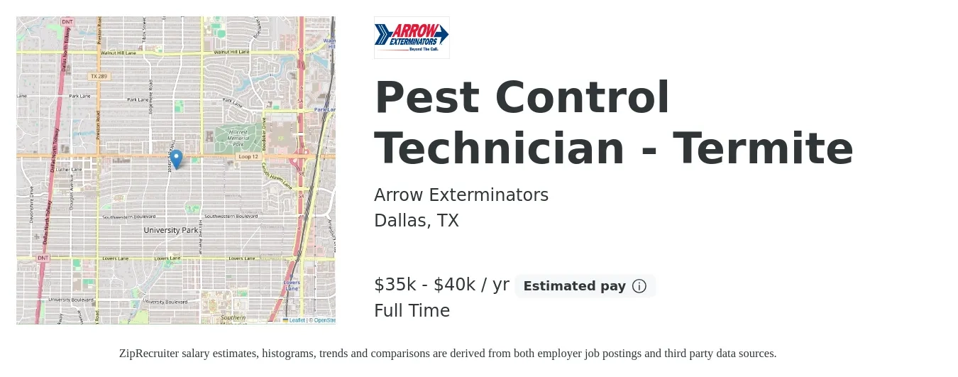 Arrow Exterminators job posting for a Pest Control Technician - Termite in Dallas, TX with a salary of $35,000 to $40,000 Yearly with a map of Dallas location.