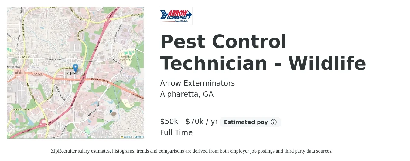 Arrow Exterminators job posting for a Pest Control Technician - Wildlife in Alpharetta, GA with a salary of $45,000 to $60,000 Yearly with a map of Alpharetta location.