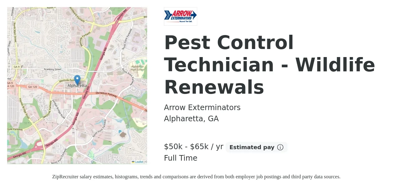 Arrow Exterminators job posting for a Pest Control Technician - Wildlife Renewals in Alpharetta, GA with a salary of $50,000 to $65,000 Yearly with a map of Alpharetta location.