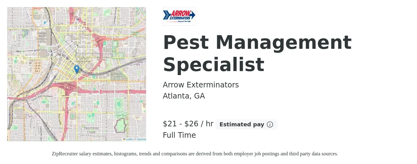 Arrow Exterminators job posting for a Pest Management Specialist in Atlanta, GA with a salary of $47,000 to $57,000 Yearly with a map of Atlanta location.