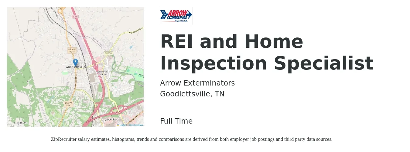 Arrow Exterminators job posting for a REI and Home Inspection Specialist in Goodlettsville, TN with a salary of $38,000 to $48,000 Yearly with a map of Goodlettsville location.