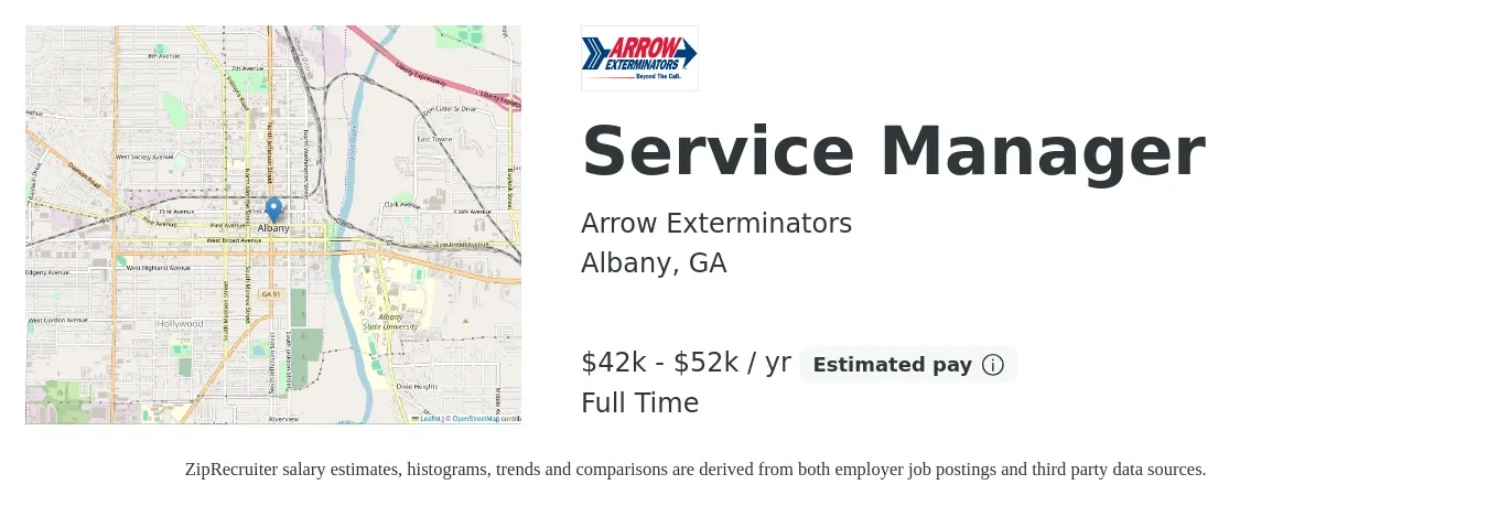 Arrow Exterminators job posting for a Service Manager in Albany, GA with a salary of $48,000 to $74,400 Yearly with a map of Albany location.