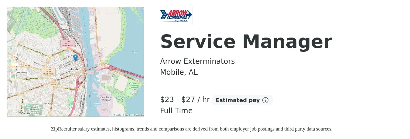 Arrow Exterminators job posting for a Service Manager in Mobile, AL with a salary of $50,000 to $60,000 Yearly with a map of Mobile location.