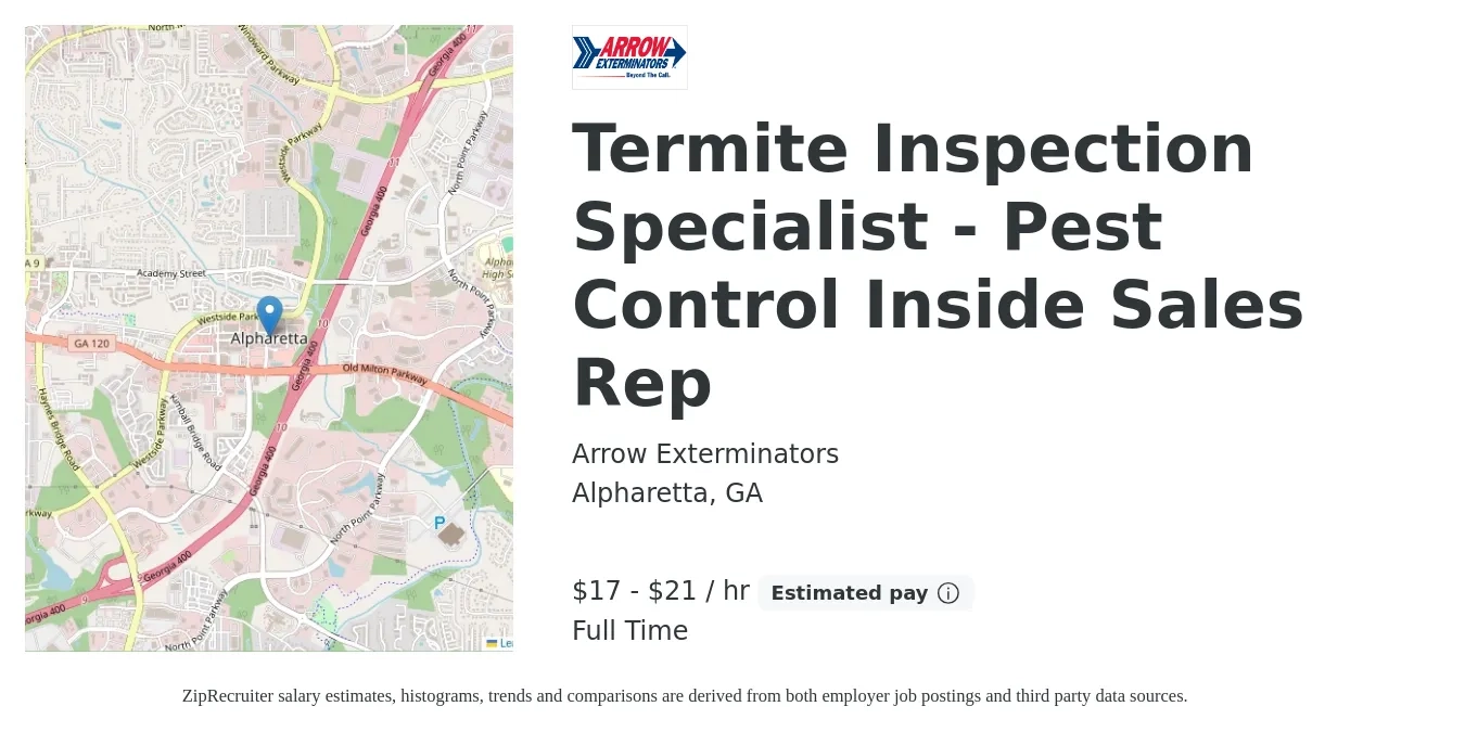 Arrow Exterminators job posting for a Termite Inspection Specialist - Pest Control Inside Sales Rep in Alpharetta, GA with a salary of $37,000 to $47,000 Yearly with a map of Alpharetta location.