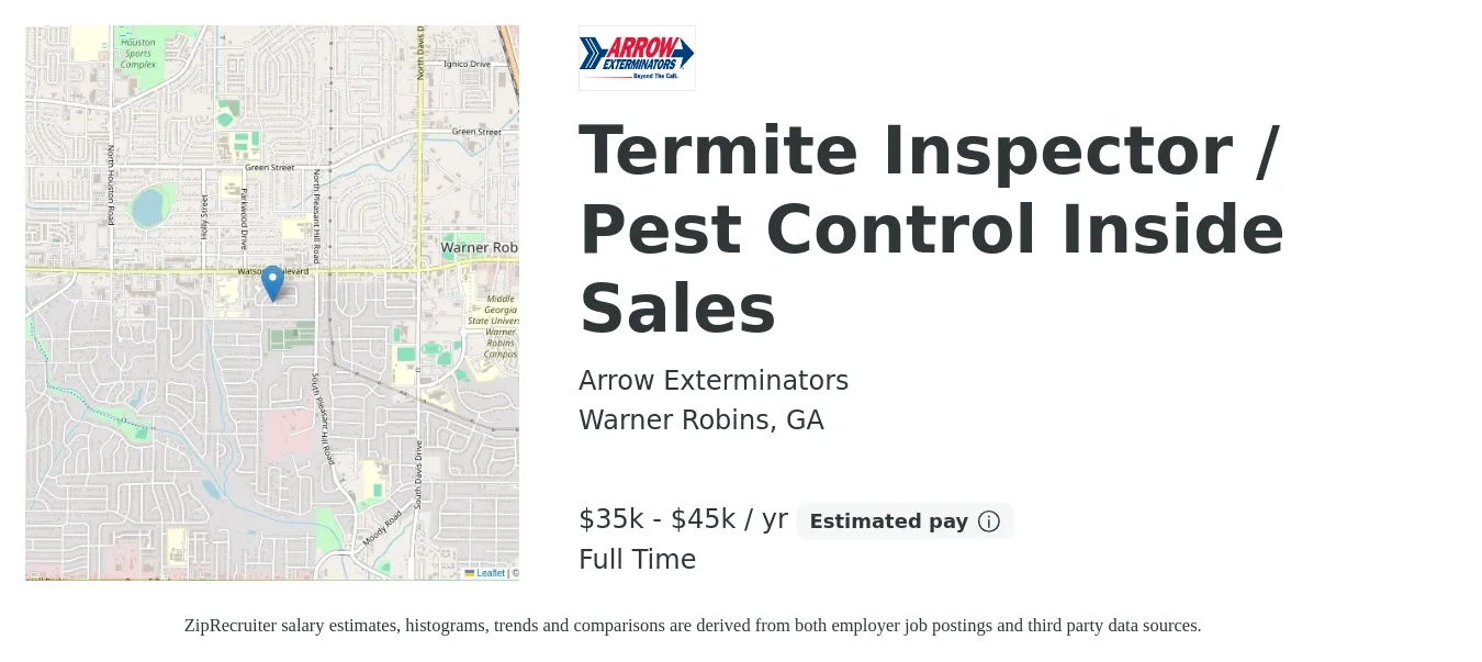 Arrow Exterminators job posting for a Termite Inspector / Pest Control Inside Sales in Warner Robins, GA with a salary of $35,000 to $45,000 Yearly with a map of Warner Robins location.