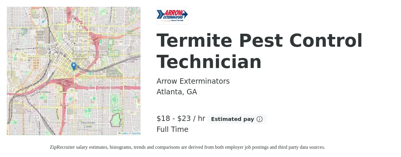 Arrow Exterminators job posting for a Termite Pest Control Technician in Atlanta, GA with a salary of $19 to $24 Hourly with a map of Atlanta location.