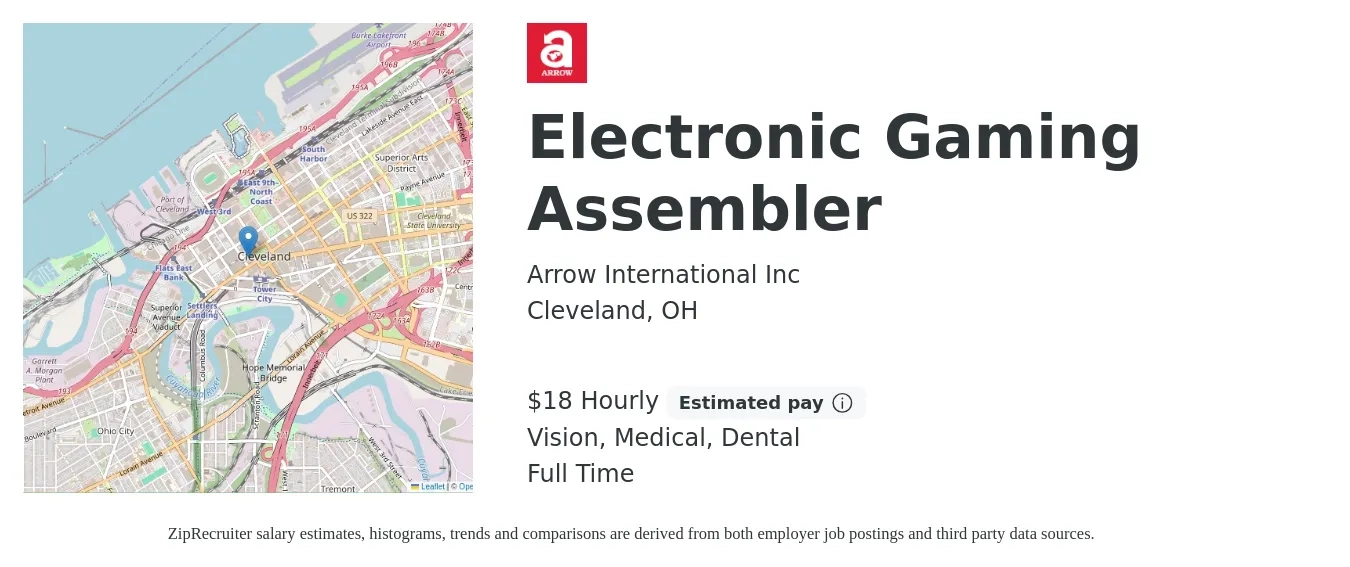 Arrow International Inc job posting for a Electronic Gaming Assembler in Cleveland, OH with a salary of $17 to $21 Hourly with a map of Cleveland location.