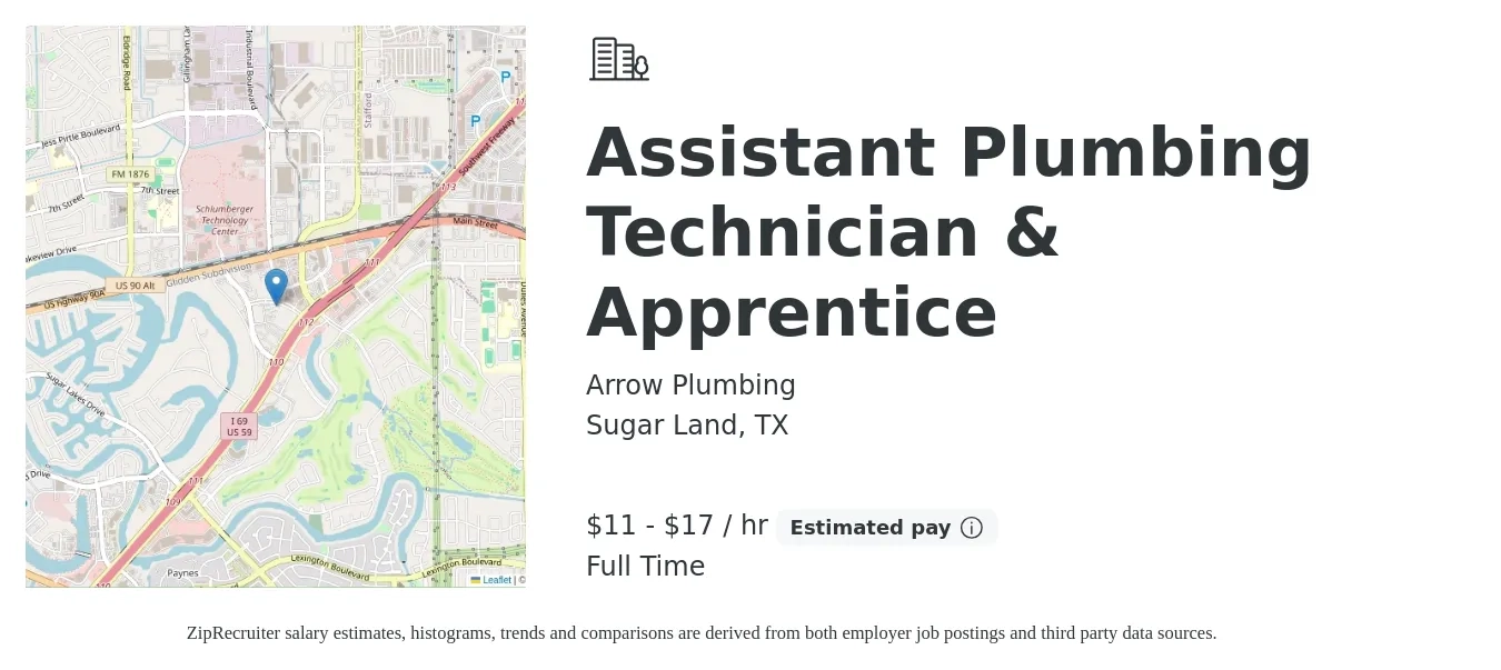 Arrow Plumbing job posting for a Assistant Plumbing Technician & Apprentice in Sugar Land, TX with a salary of $12 to $18 Hourly with a map of Sugar Land location.