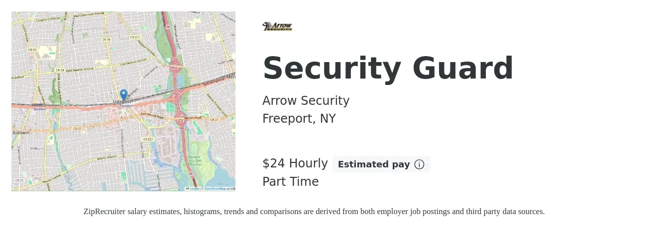 Arrow Security job posting for a Security Guard in Freeport, NY with a salary of $16 Hourly with a map of Freeport location.
