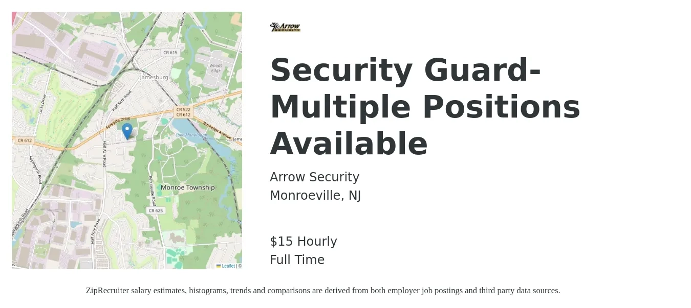 Arrow Security job posting for a Security Guard-Multiple Positions Available in Monroeville, NJ with a salary of $16 Hourly with a map of Monroeville location.