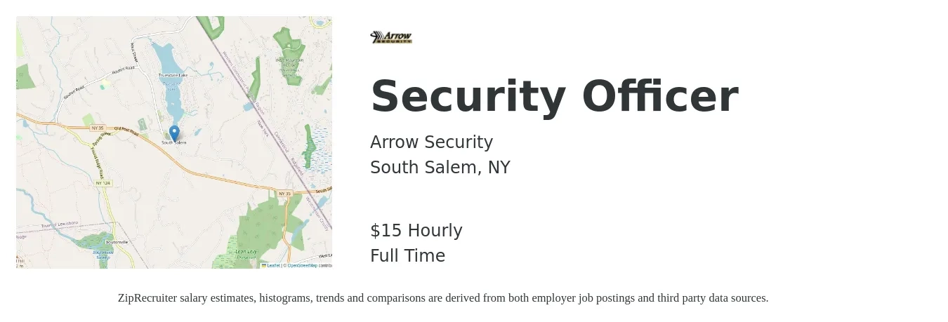 Arrow Security job posting for a Security Officer in South Salem, NY with a salary of $16 Hourly with a map of South Salem location.