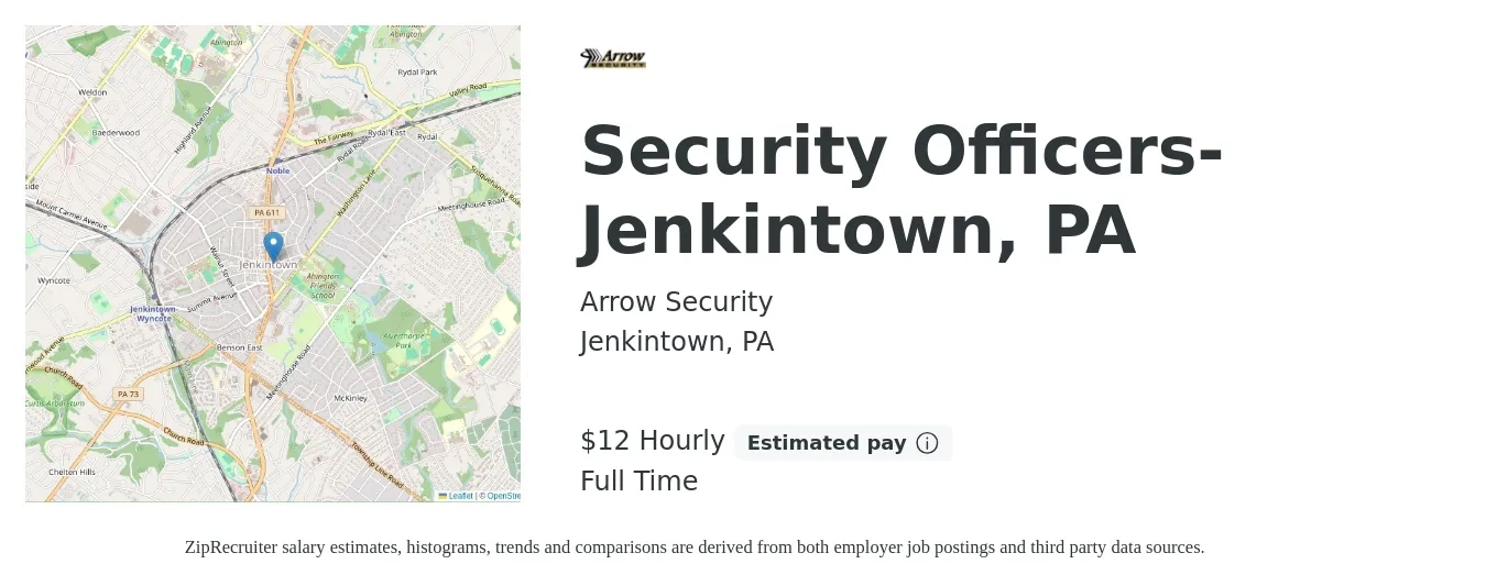 Arrow Security job posting for a Security Officers- Jenkintown, PA in Jenkintown, PA with a salary of $13 Hourly with a map of Jenkintown location.